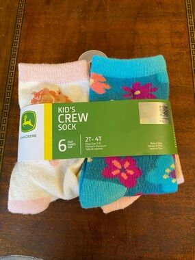 John Deere Kids Crew Socks - Blue & Pink Floral & Horses  (6 Pairs) 2T-4T